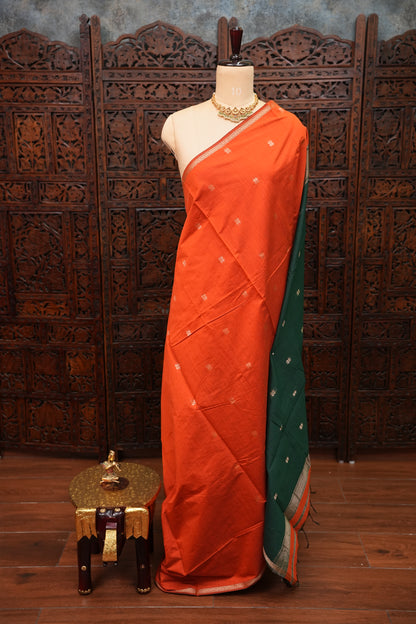 Maheshwari Silk Cotton Saree|Orange & Green