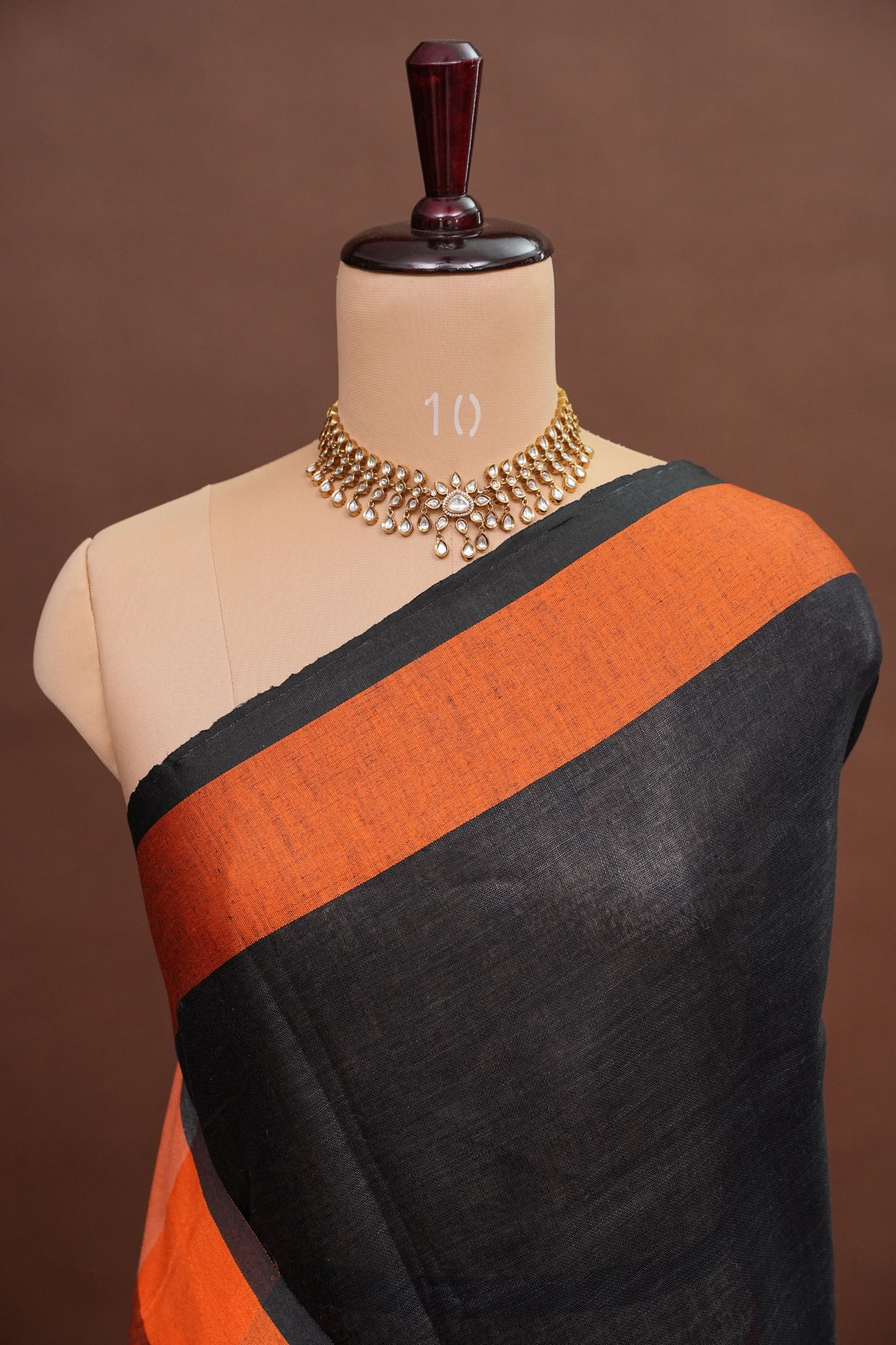 Pure Linen Silk Saree – Black & Charcoal Grey with Rust Orange Contrast Accents