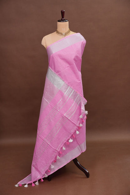 Pure Linen Saree – Soft Baby Pink with Silver Zari Stripes