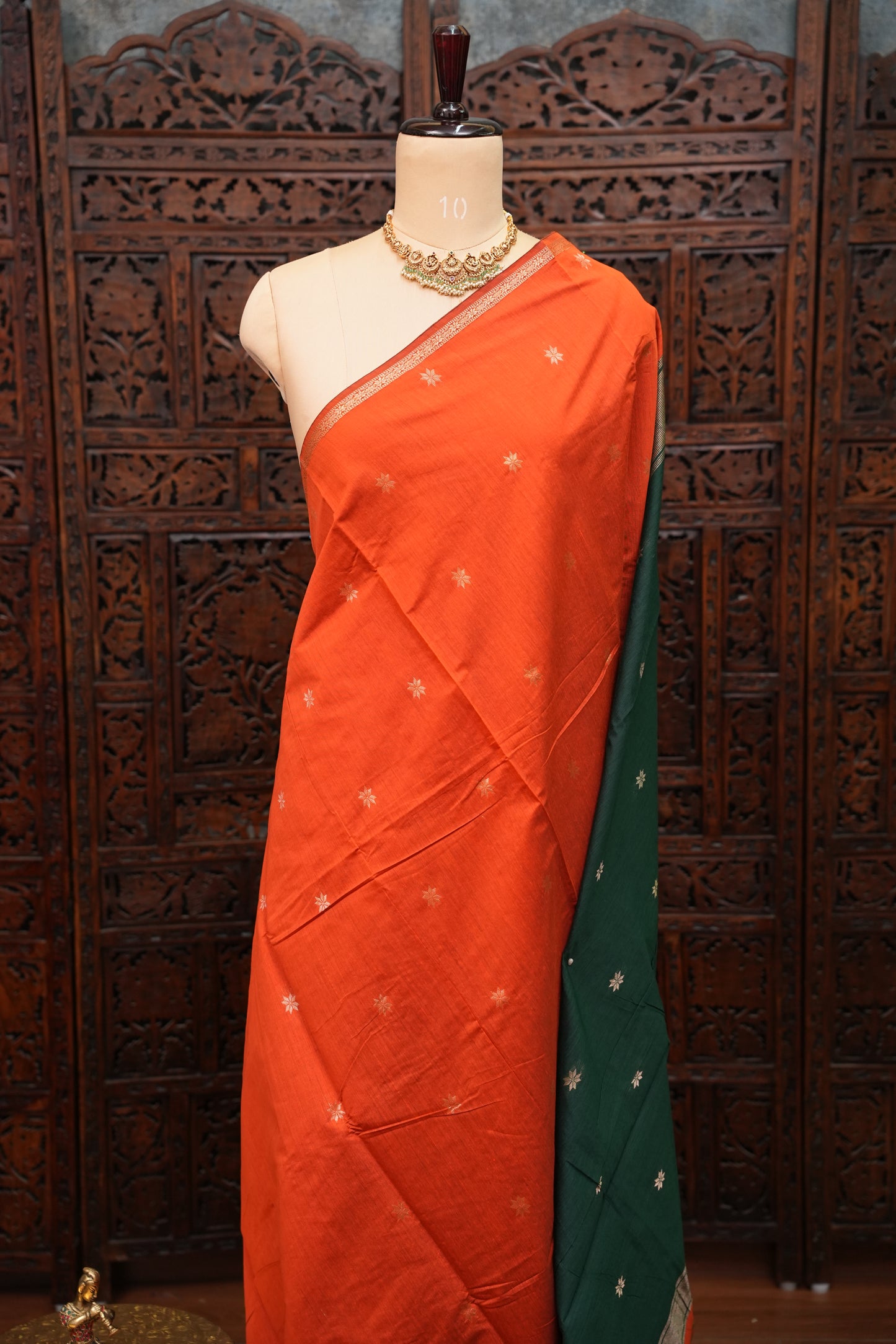 Maheshwari Silk Cotton Saree|Orange & Green