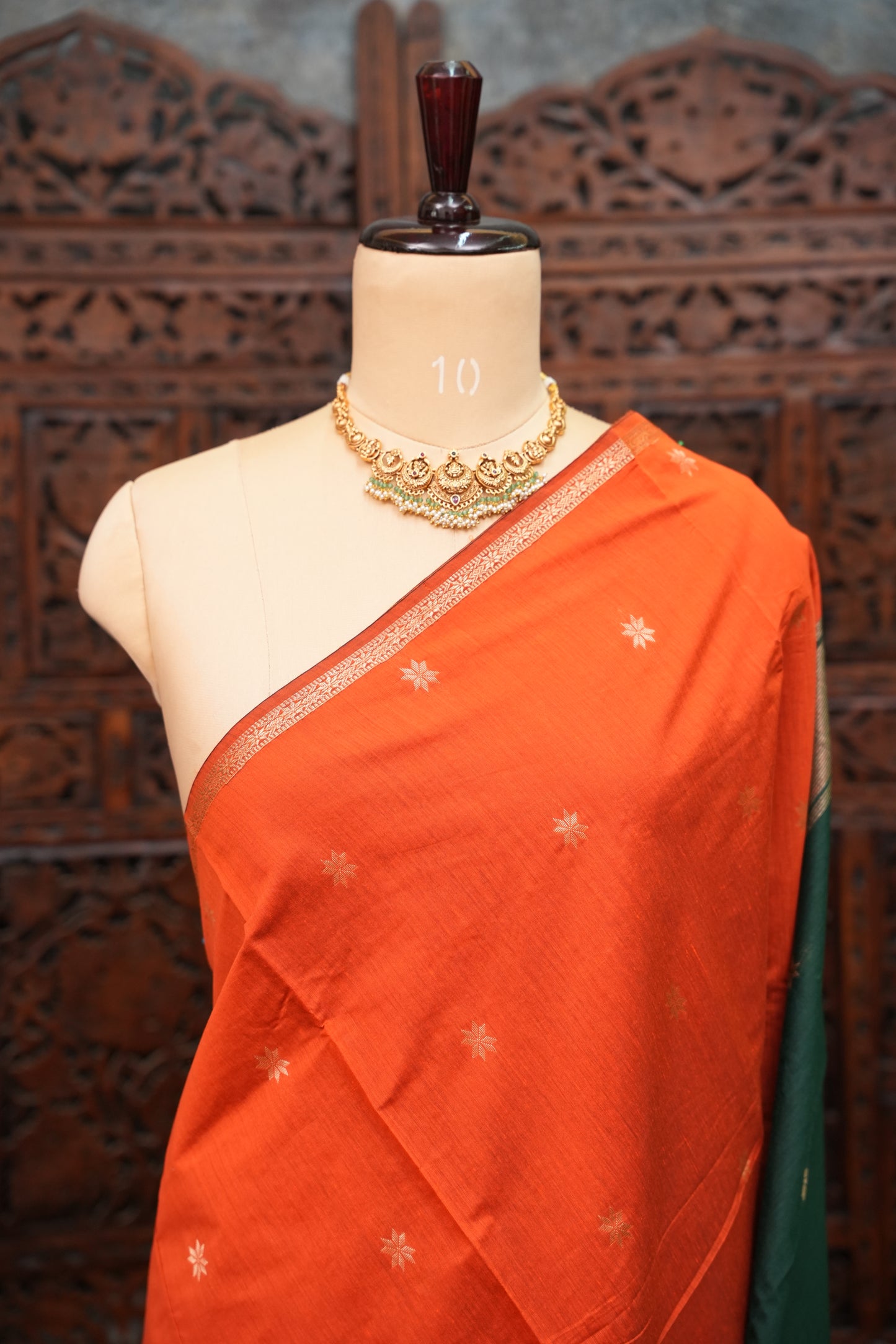 Maheshwari Silk Cotton Saree|Orange & Green