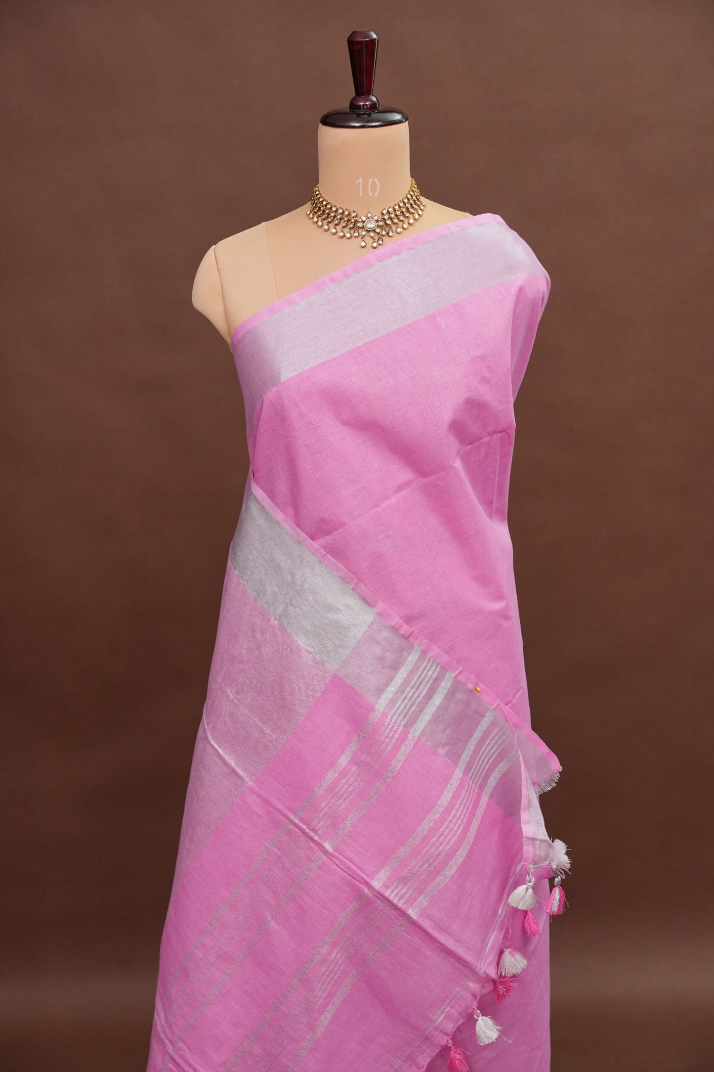 Pure Linen Saree – Soft Baby Pink with Silver Zari Stripes