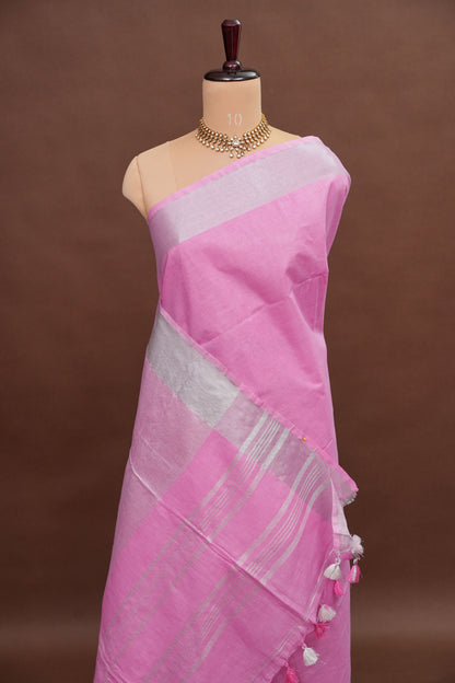 Pure Linen Saree – Soft Baby Pink with Silver Zari Stripes
