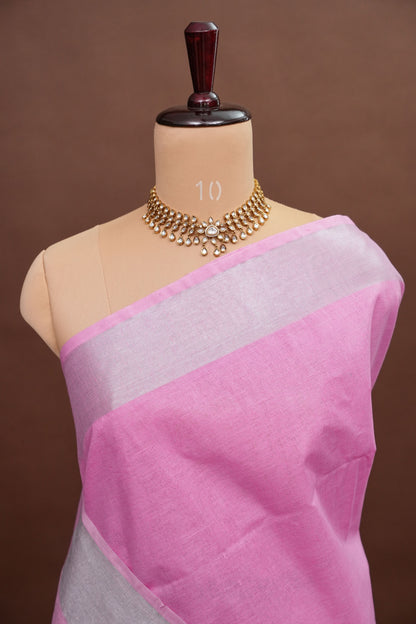 Pure Linen Saree – Soft Baby Pink with Silver Zari Stripes