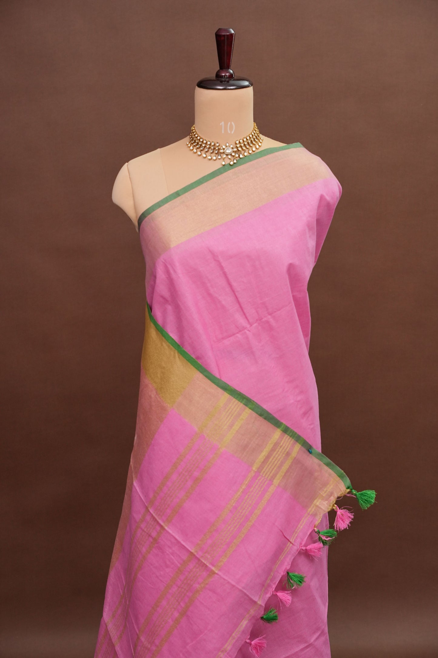 Pure Linen Saree – Candy Pink with Gold Zari Checks & Green Border
