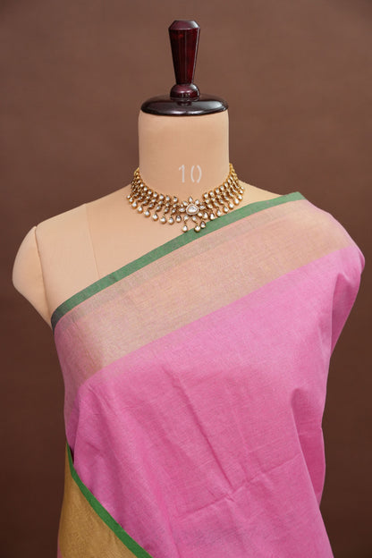 Pure Linen Saree – Candy Pink with Gold Zari Checks & Green Border