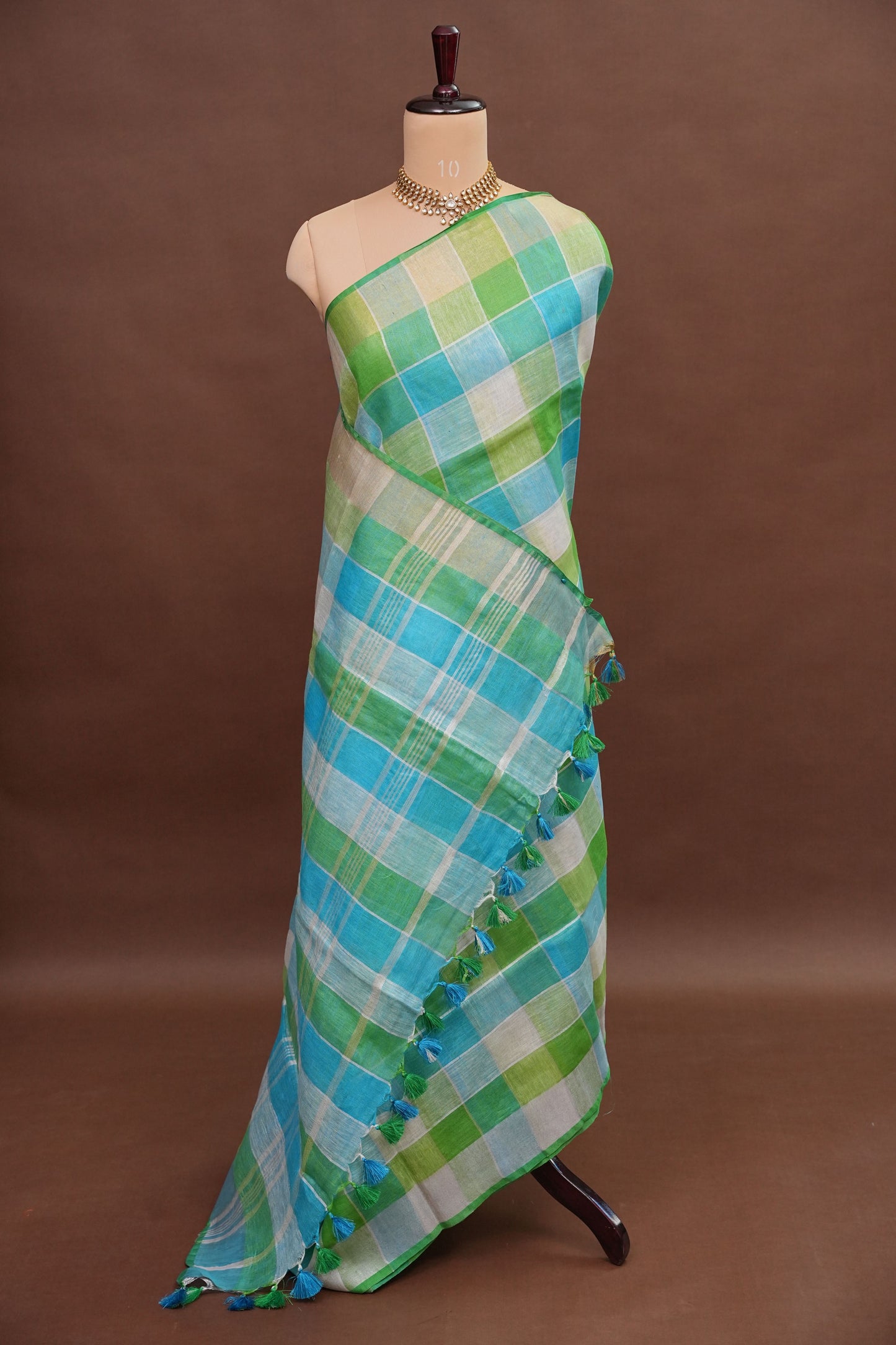 Pure Linen Cotton Saree – Aqua Blue & Fresh Green Checks with Playful Tassels
