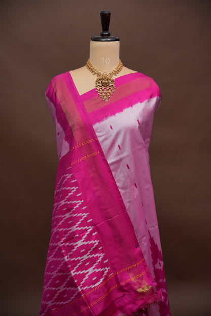 Pure Ikkat Soft Silk Saree - Baby Pink & Rani Pink