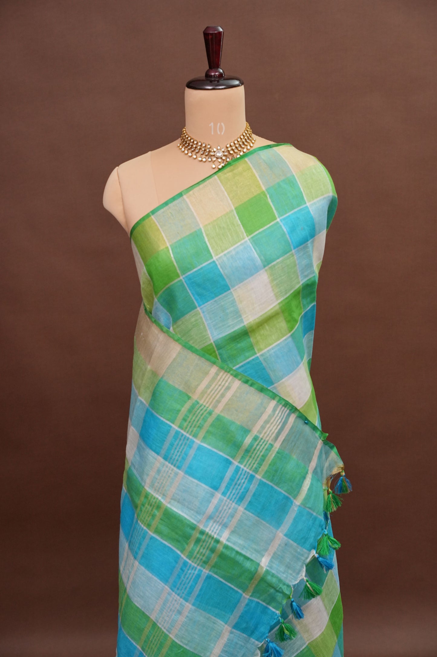 Pure Linen Cotton Saree – Aqua Blue & Fresh Green Checks with Playful Tassels