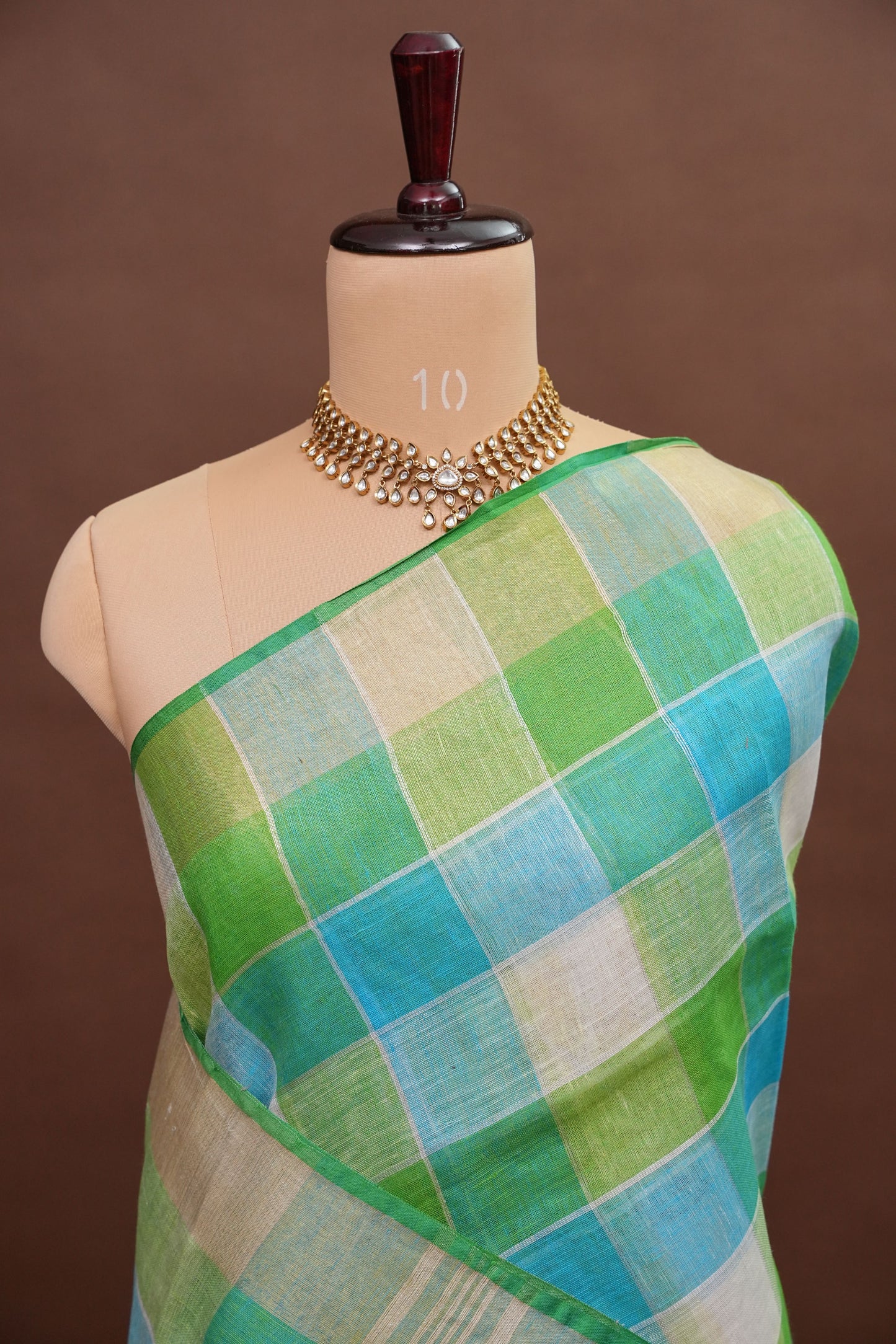 Pure Linen Cotton Saree – Aqua Blue & Fresh Green Checks with Playful Tassels