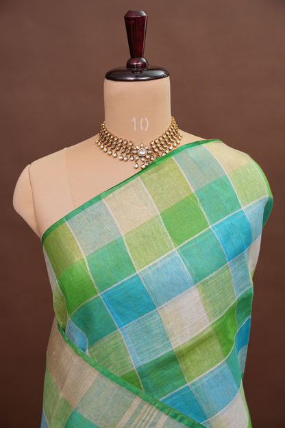 Pure Linen Cotton Saree – Aqua Blue & Fresh Green Checks with Playful Tassels