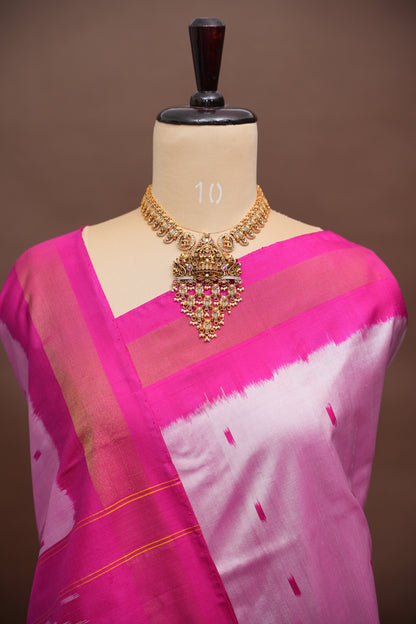 Pure Ikkat Soft Silk Saree - Baby Pink & Rani Pink