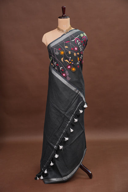 Hand Embroidery Pure Linen Saree With Tissue Border - Black