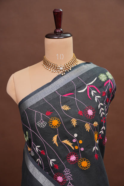 Hand Embroidery Pure Linen Saree With Tissue Border - Black