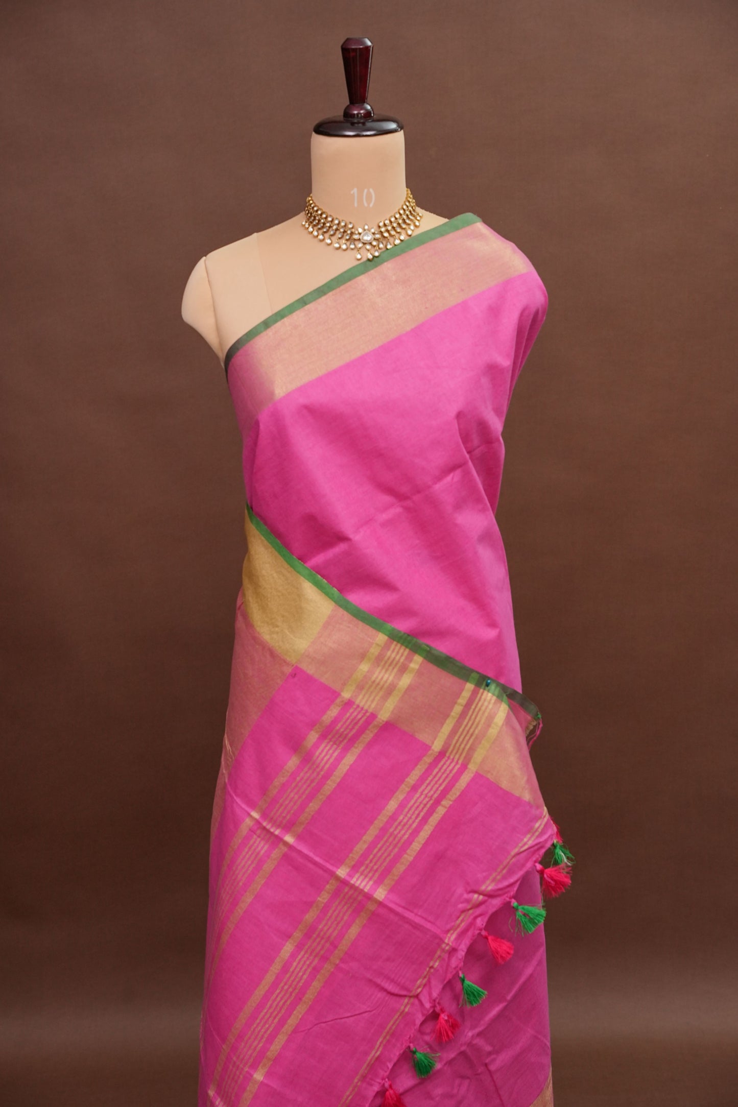 Pure Linen Saree – Vibrant Pink with Gold Zari Checks & Green Accents