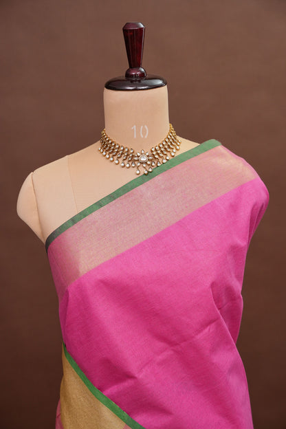 Pure Linen Saree – Vibrant Pink with Gold Zari Checks & Green Accents