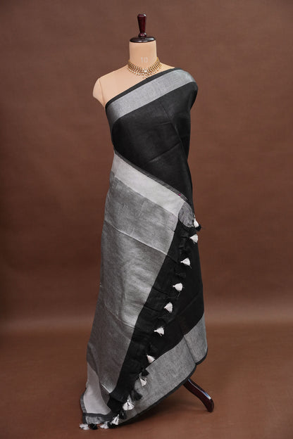 Pure Linen Silk Saree – Classic Black & Silver Dual Tone with Minimalist Border