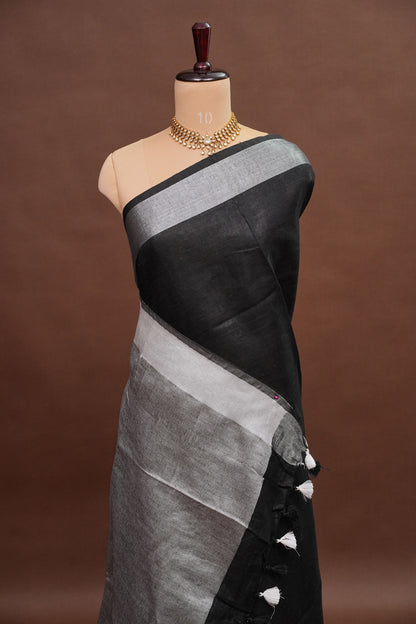 Pure Linen Silk Saree – Classic Black & Silver Dual Tone with Minimalist Border