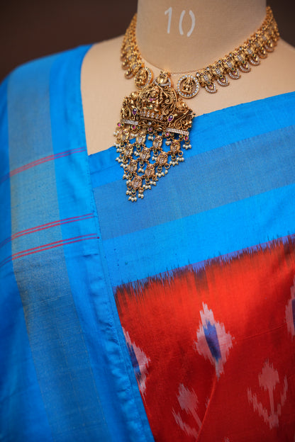 Pure Ikkat Soft Silk Saree - Orange & Blue