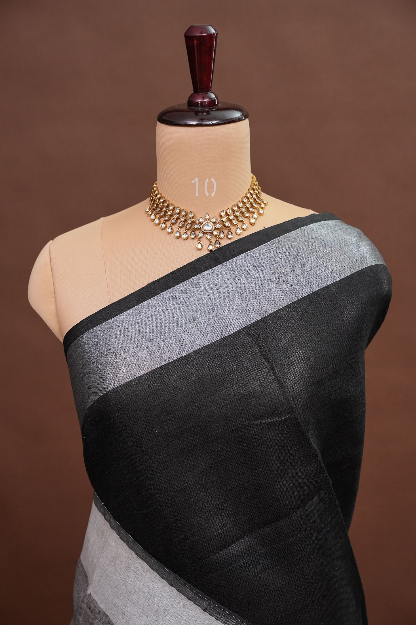Pure Linen Silk Saree – Classic Black & Silver Dual Tone with Minimalist Border