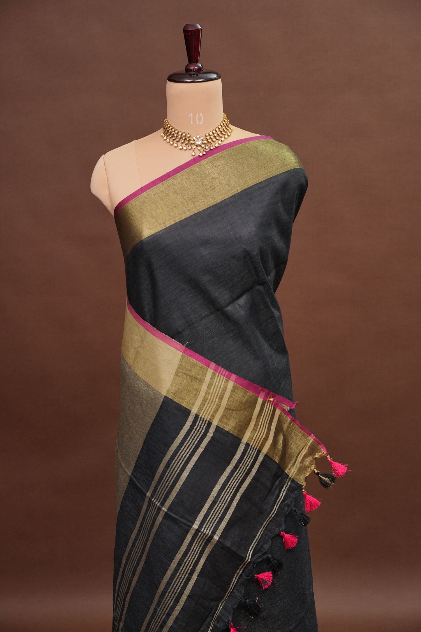 Pure Linen Saree-Classic Black with Antique Gold Border & Pink Accents