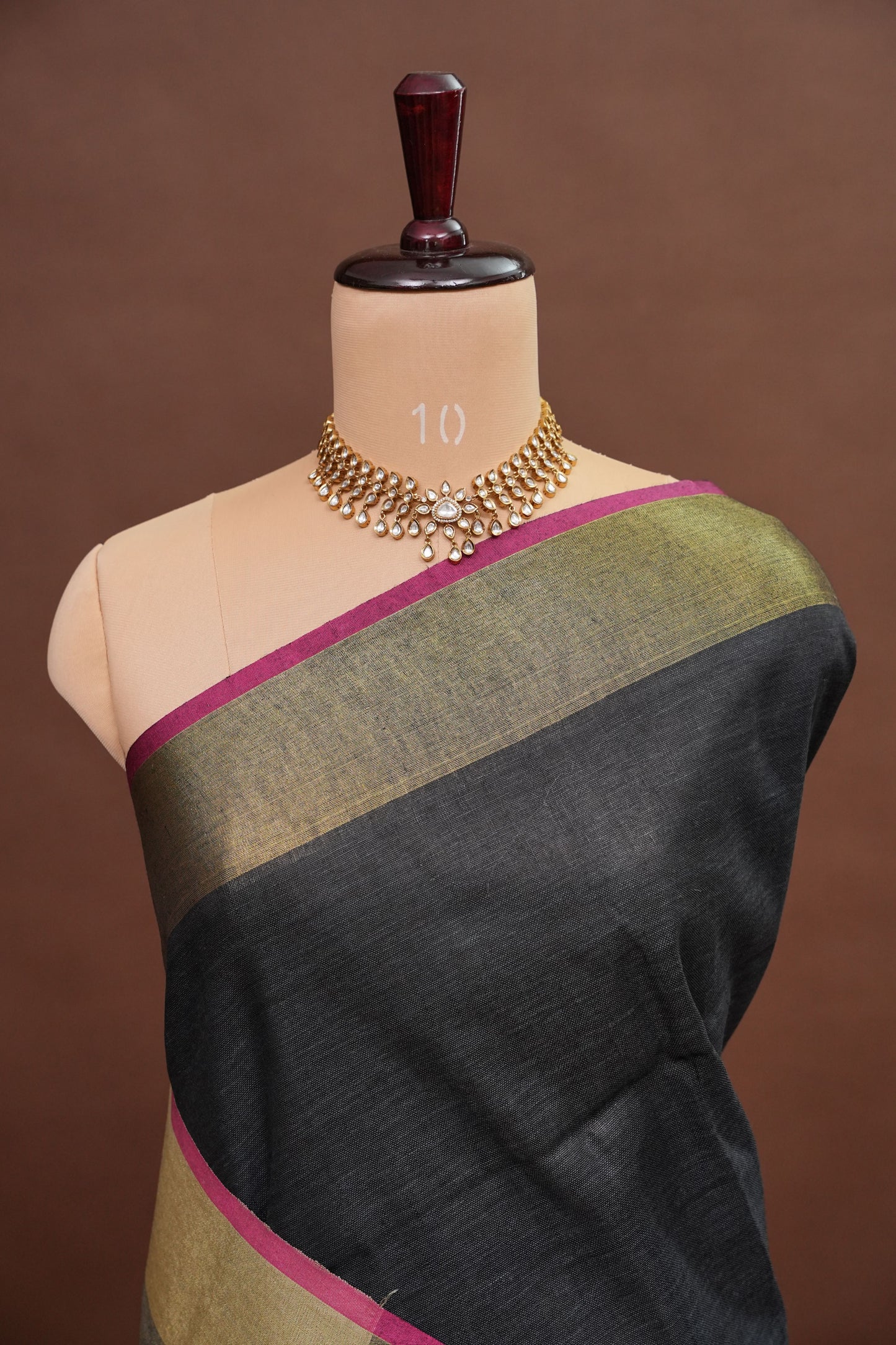 Pure Linen Saree-Classic Black with Antique Gold Border & Pink Accents