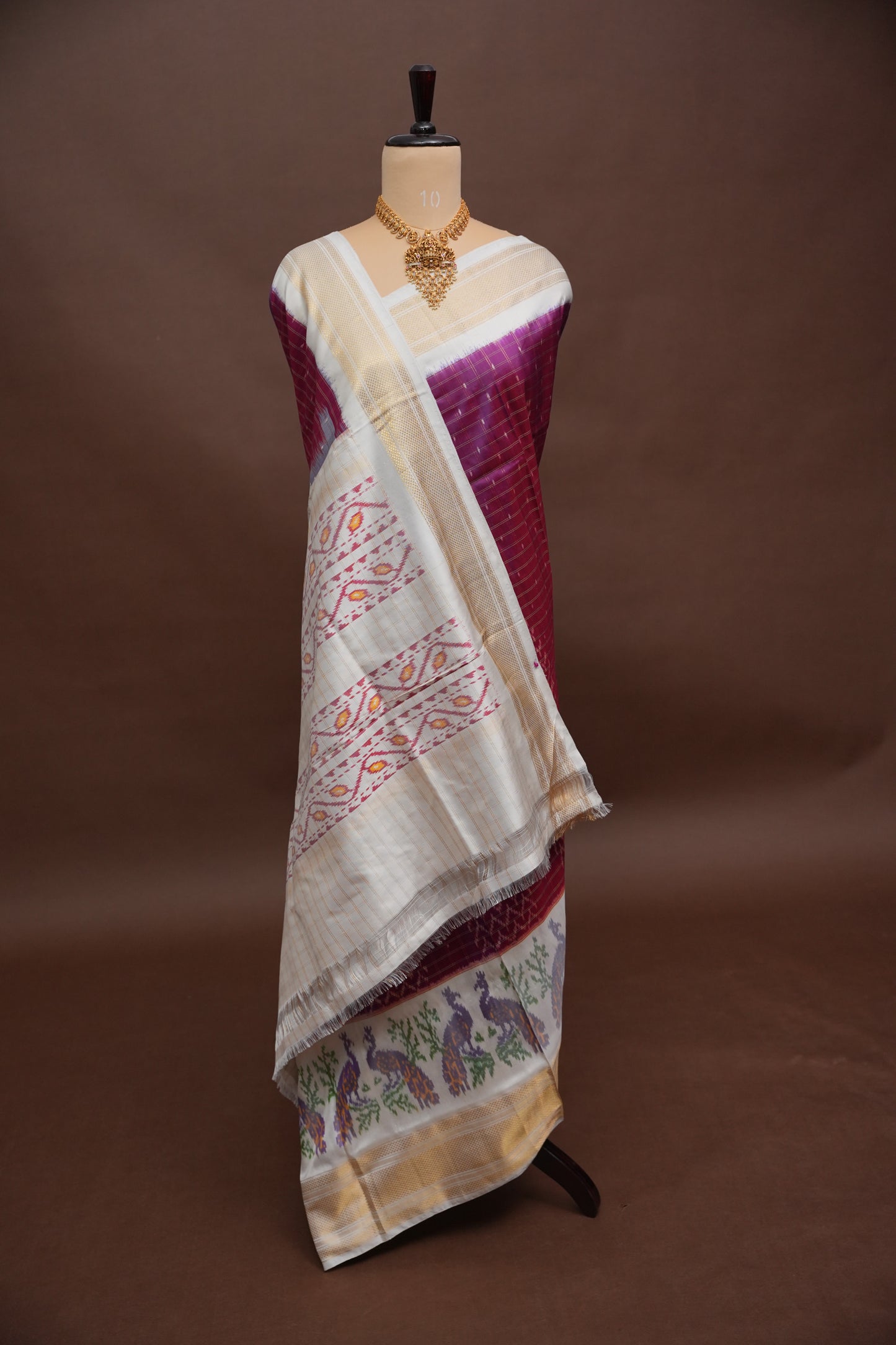 Pure Ikkat Soft Silk Saree - Ivory & Wine