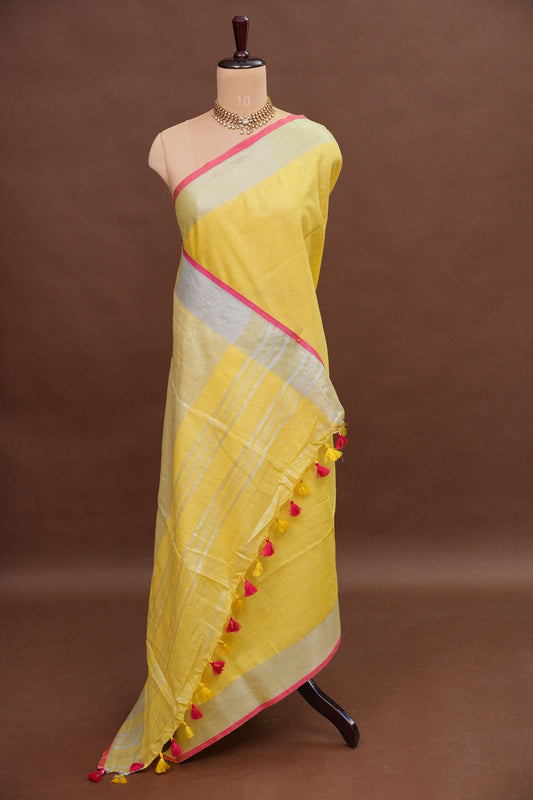 Pure Linen Saree – Sunshine Yellow with Silver Zari & Pink Accents