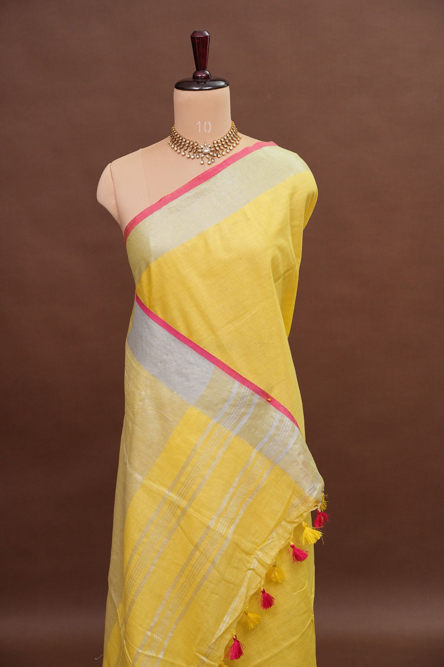 Pure Linen Saree – Sunshine Yellow with Silver Zari & Pink Accents