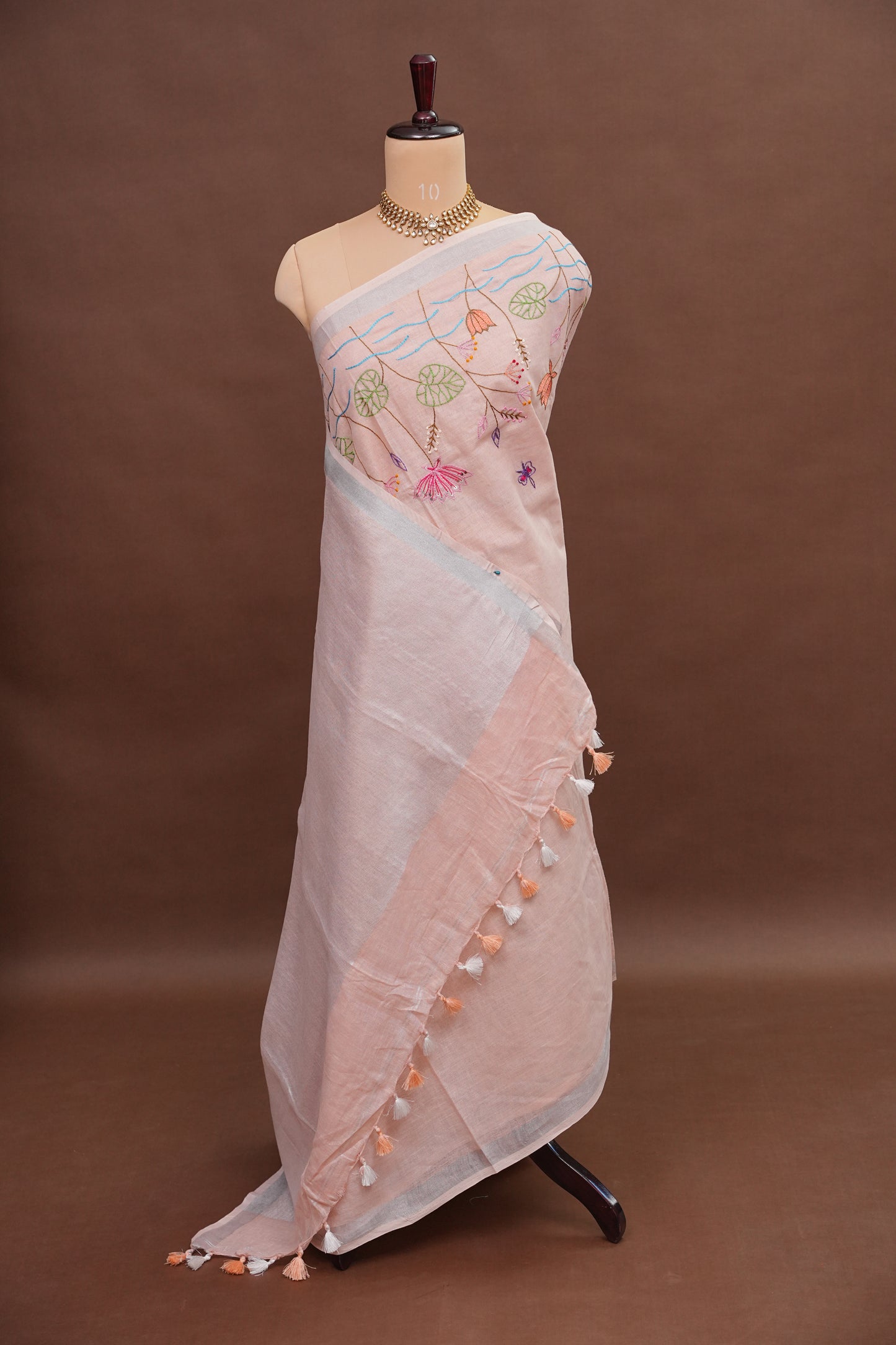 Hand Embroidery Pure Linen Saree With Tissue Border - Baby Pink