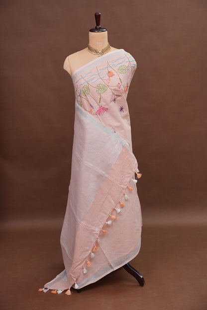 Hand Embroidery Pure Linen Saree With Tissue Border - Baby Pink