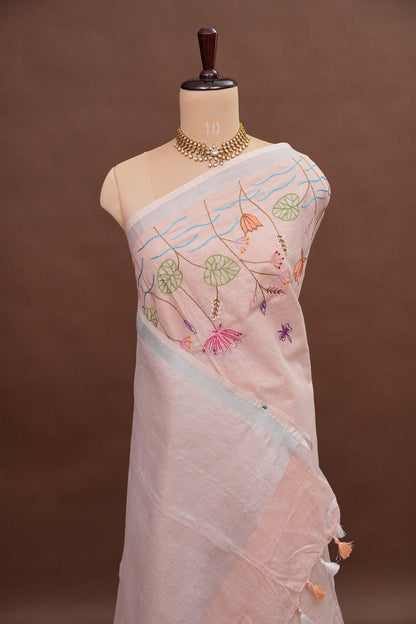 Hand Embroidery Pure Linen Saree With Tissue Border - Baby Pink