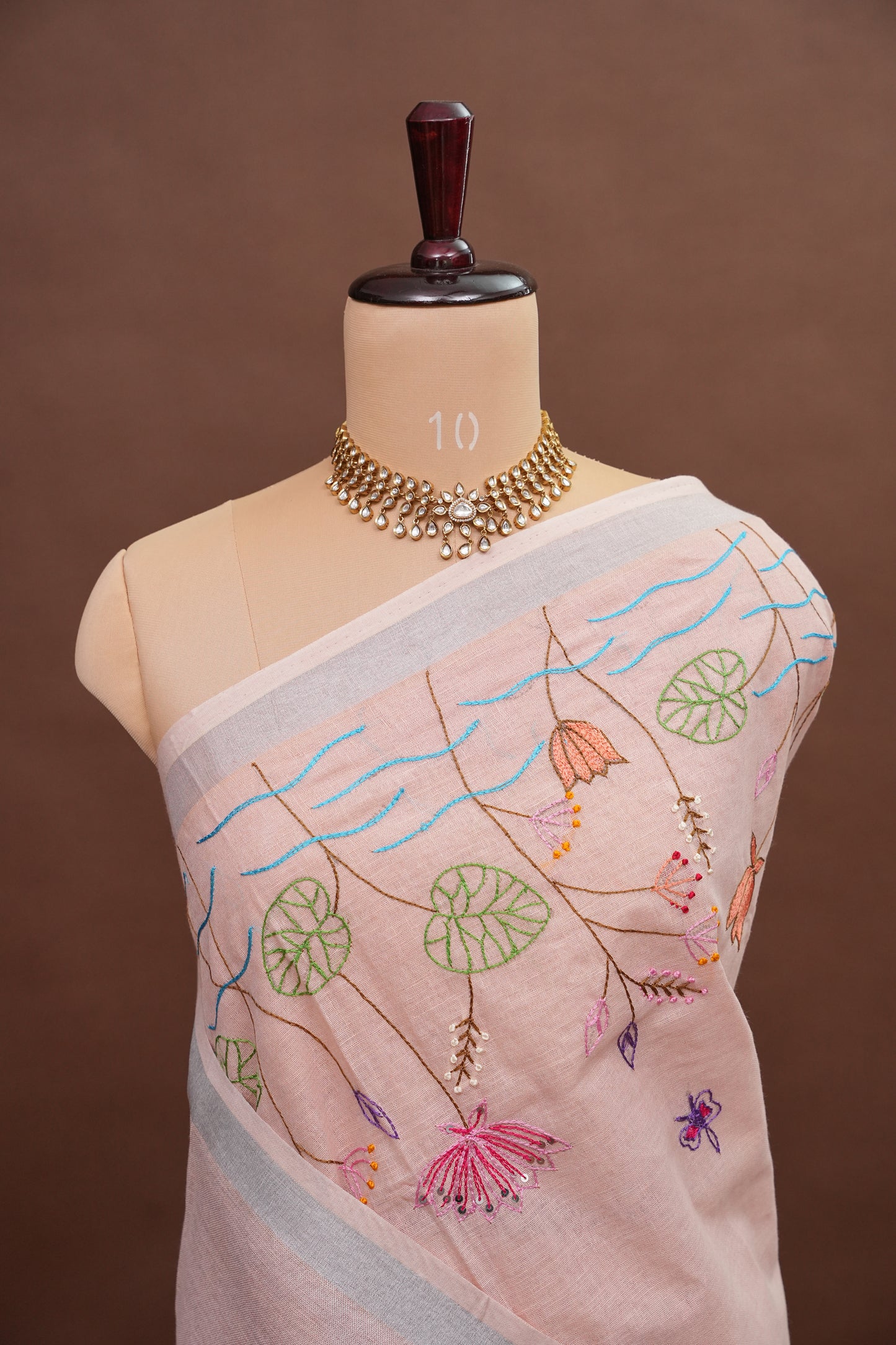 Hand Embroidery Pure Linen Saree With Tissue Border - Baby Pink