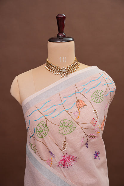 Hand Embroidery Pure Linen Saree With Tissue Border - Baby Pink