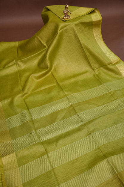 Tissue Linen Silk Saree – Olive Green with Subtle Zari Border