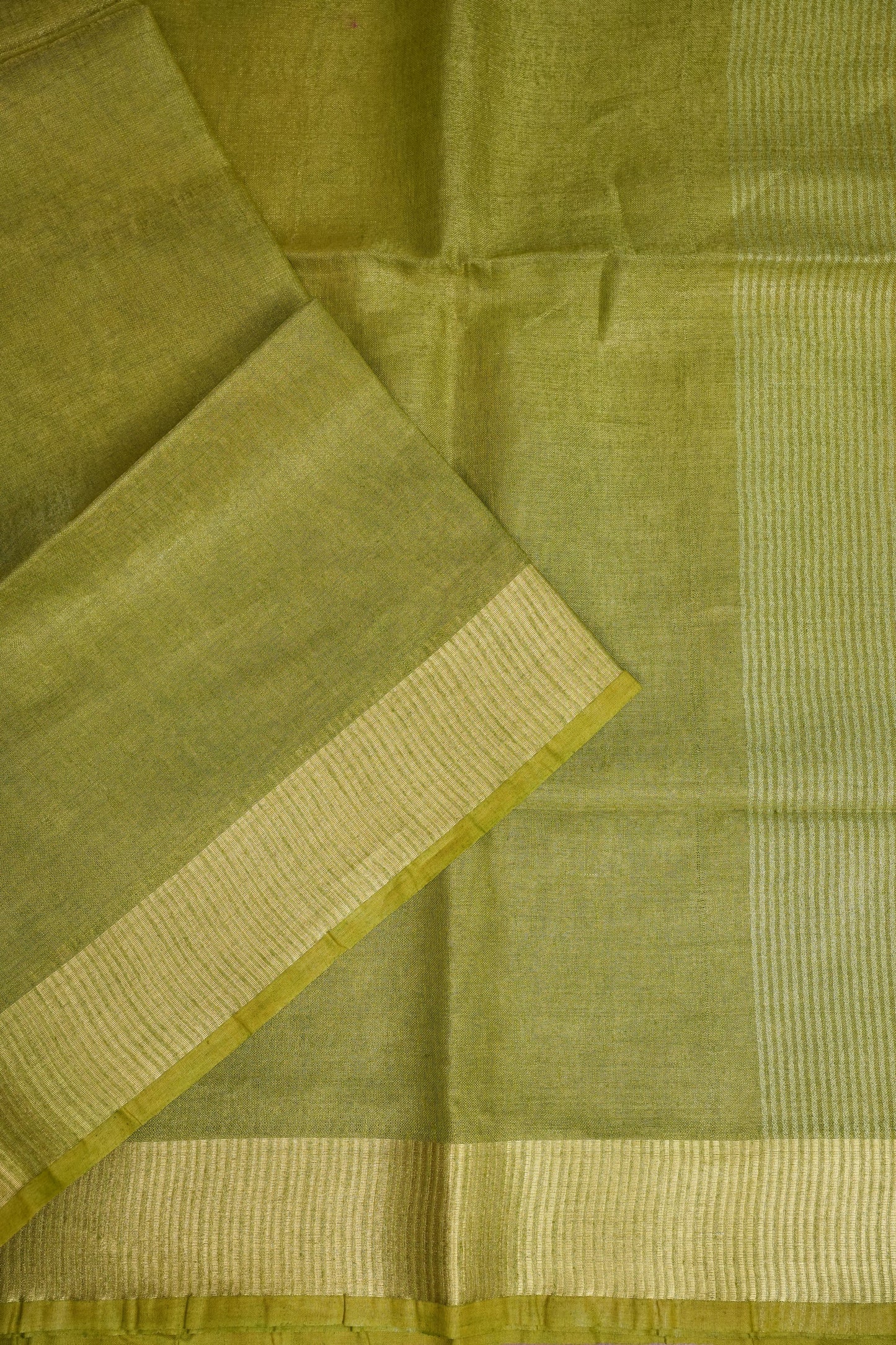 Tissue Linen Silk Saree – Olive Green with Subtle Zari Border