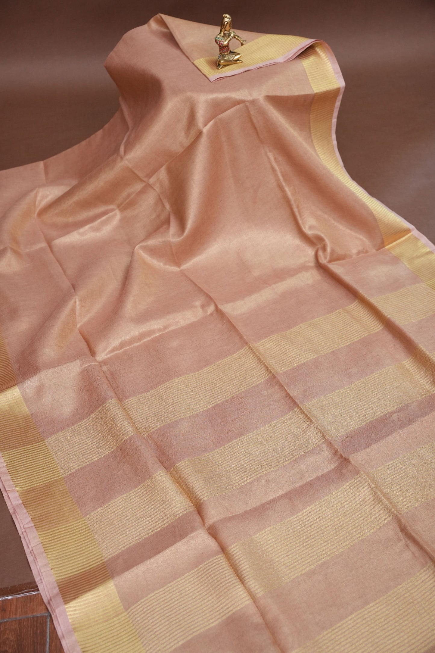 Tissue Linen Silk Saree – Soft Blush Beige with Classic Gold Zari Border