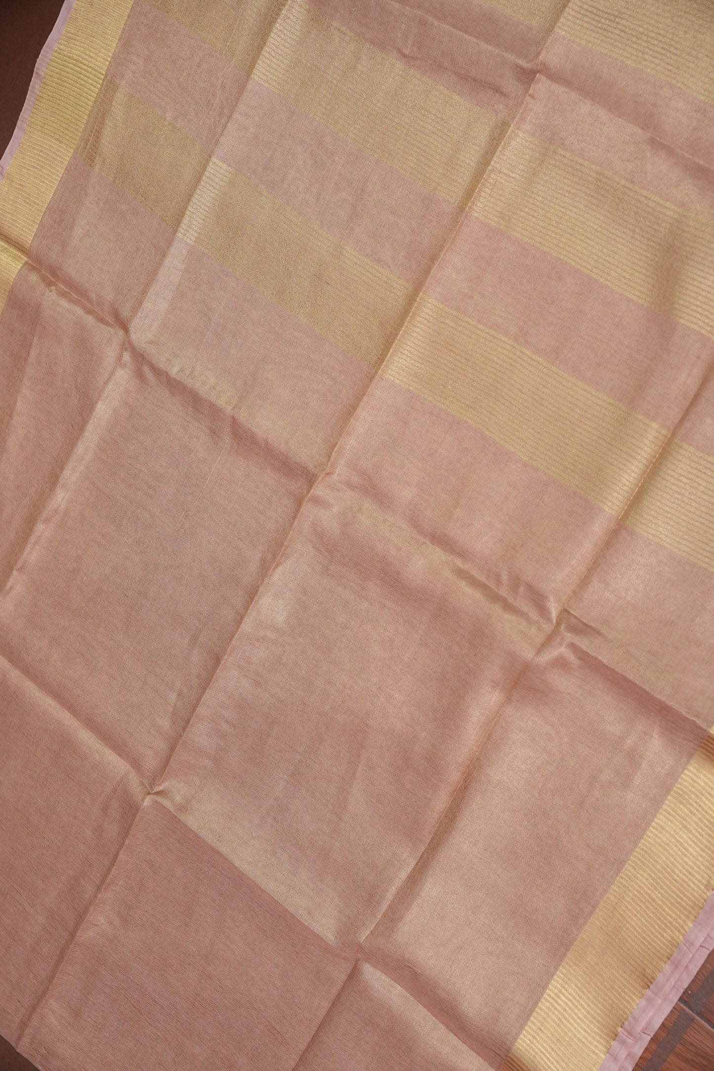 Tissue Linen Silk Saree – Soft Blush Beige with Classic Gold Zari Border