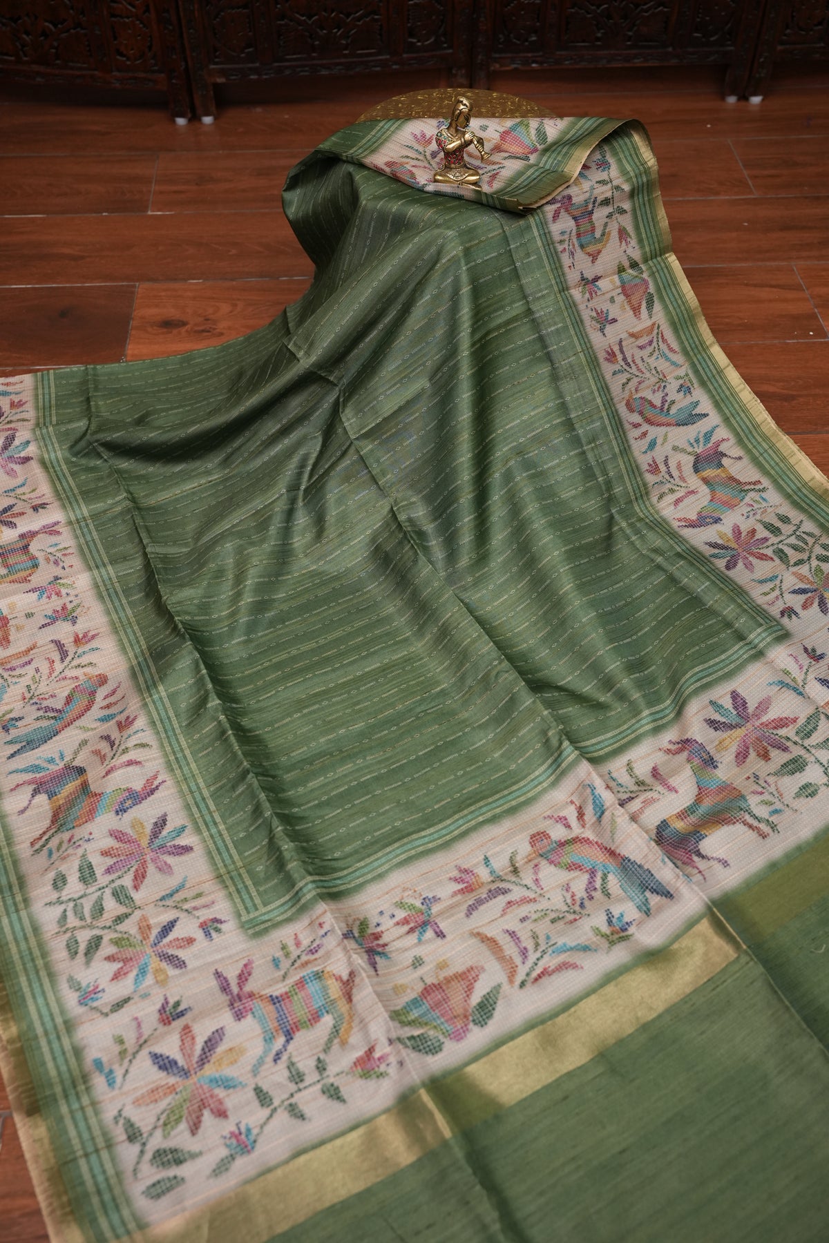 Semi Tussar Saree with Kalamkari Printed Pallu & Striped Blouse – Sage Green