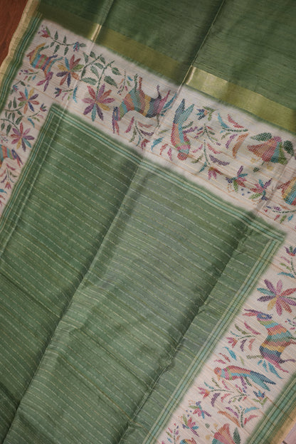 Semi Tussar Saree with Kalamkari Printed Pallu & Striped Blouse – Sage Green