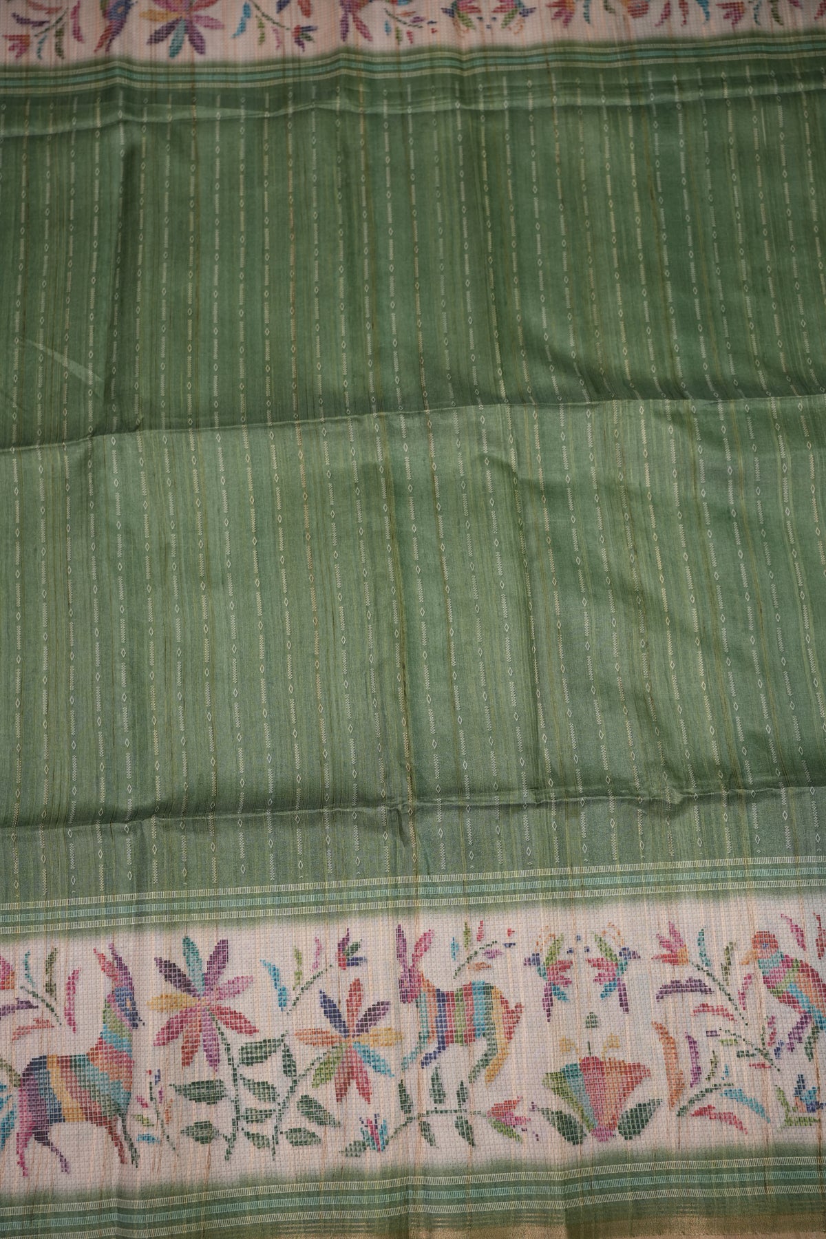 Semi Tussar Saree with Kalamkari Printed Pallu & Striped Blouse – Sage Green