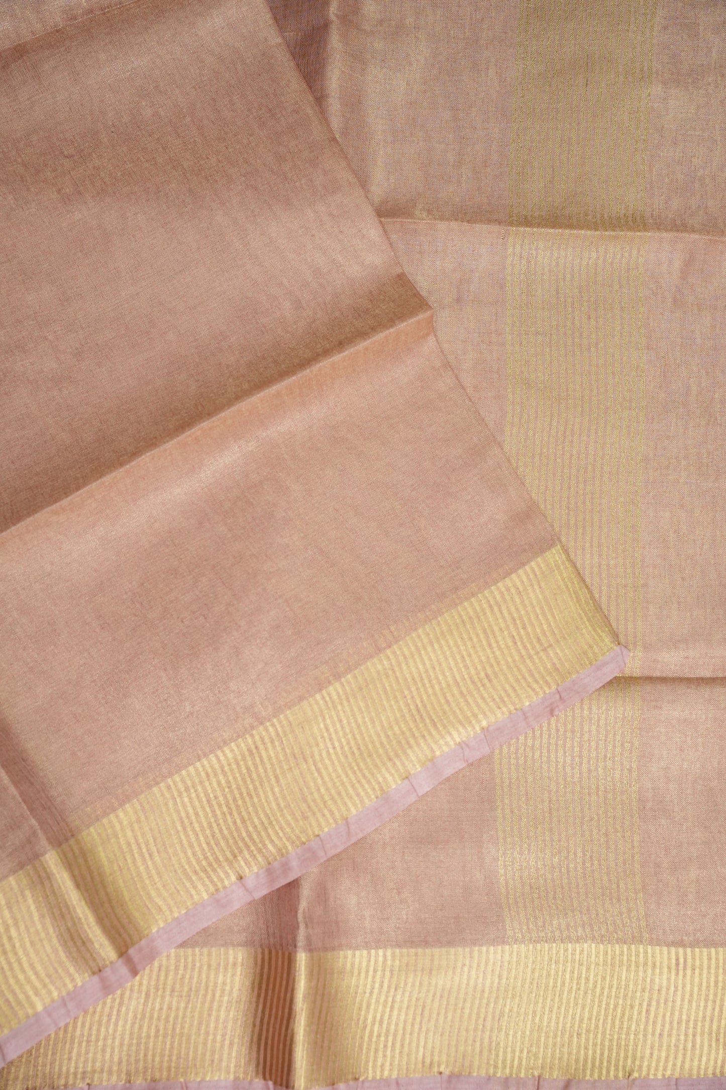 Tissue Linen Silk Saree – Soft Blush Beige with Classic Gold Zari Border