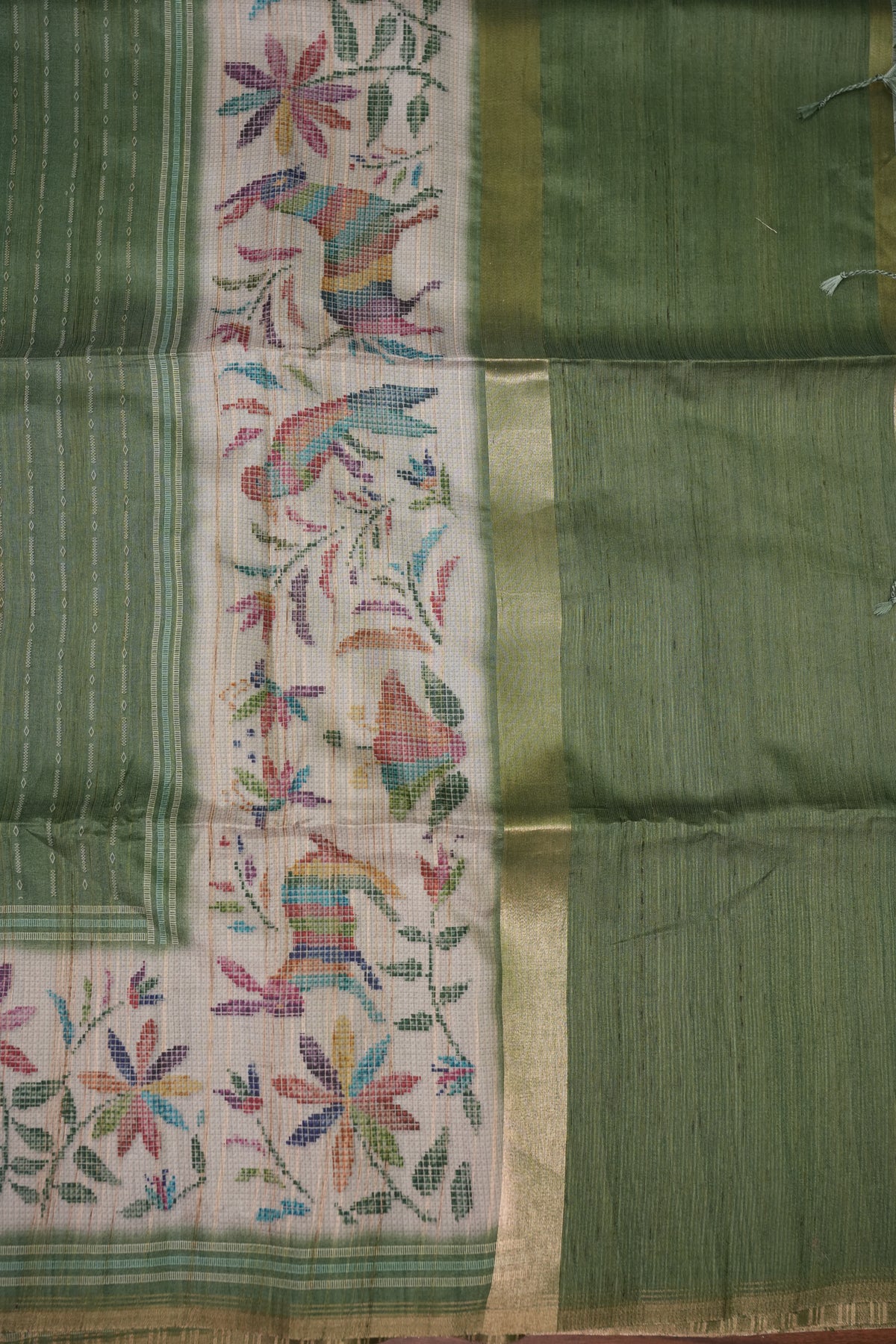 Semi Tussar Saree with Kalamkari Printed Pallu & Striped Blouse – Sage Green
