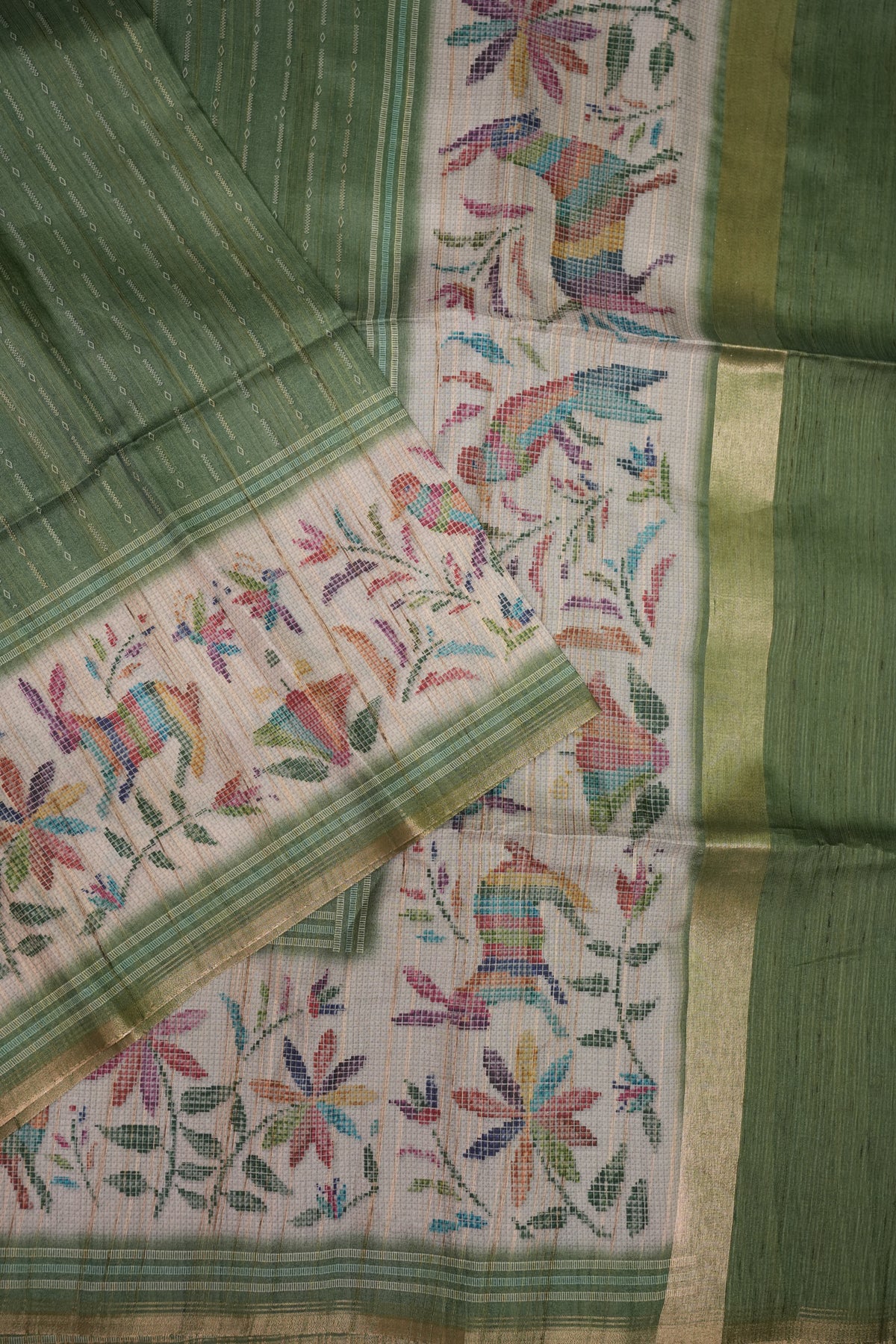 Semi Tussar Saree with Kalamkari Printed Pallu & Striped Blouse – Sage Green
