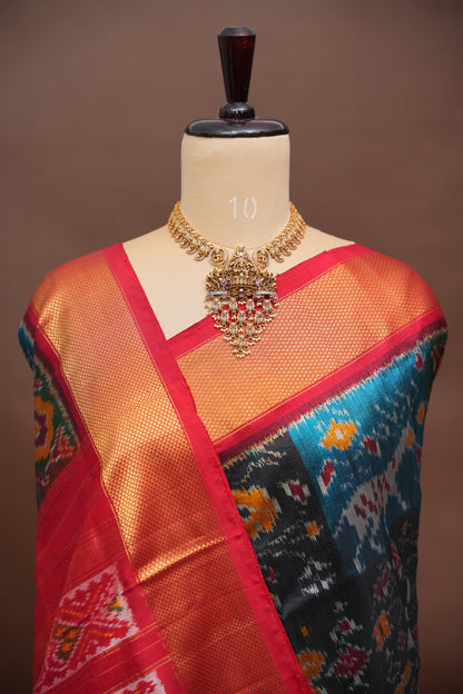 Pure Ikkat Soft Silk Saree - Black with Multicolor