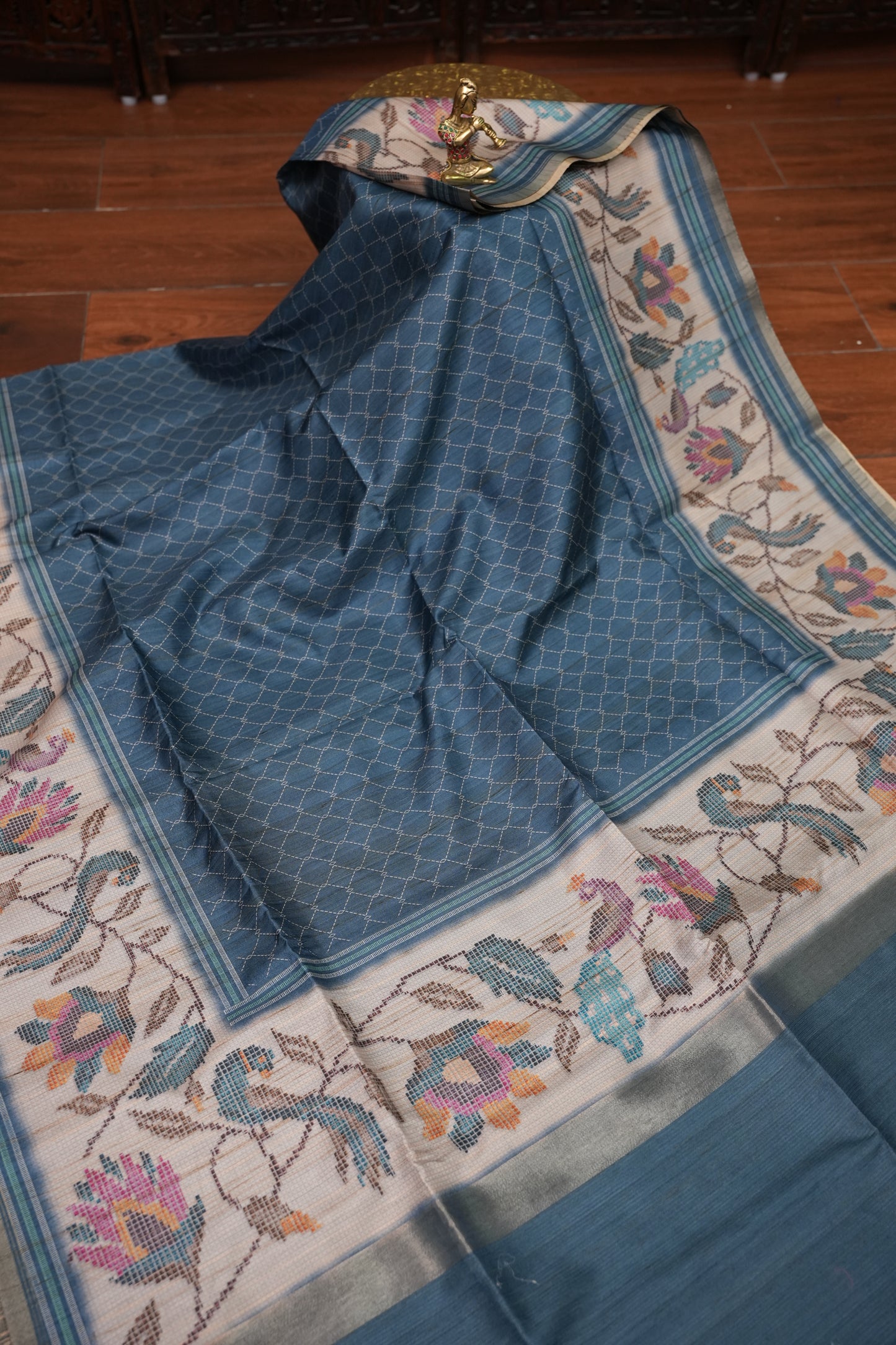 Semi Tussar Saree with Floral Printed Pallu & Striped Blouse – Steel Blue