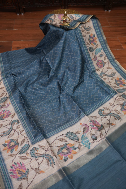 Semi Tussar Saree with Floral Printed Pallu & Striped Blouse – Steel Blue