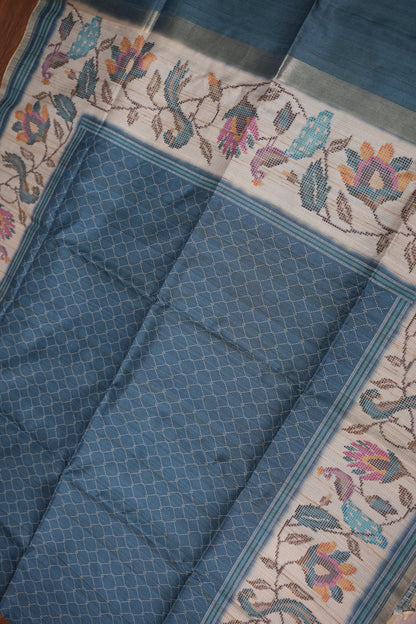 Semi Tussar Saree with Floral Printed Pallu & Striped Blouse – Steel Blue