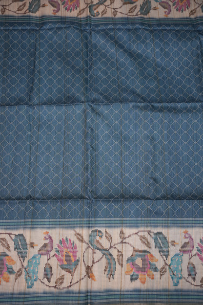 Semi Tussar Saree with Floral Printed Pallu & Striped Blouse – Steel Blue