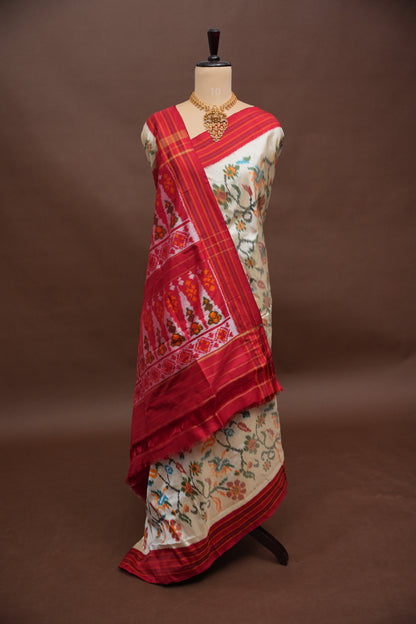 Pure Ikkat Soft Silk Saree - Off White & Red